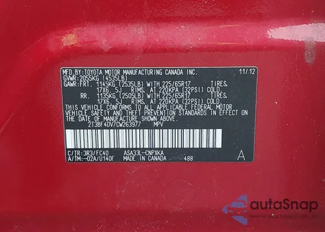 2012 Toyota Rav4 from USA, damaged, VIN 2T3BF4DV7CW263977